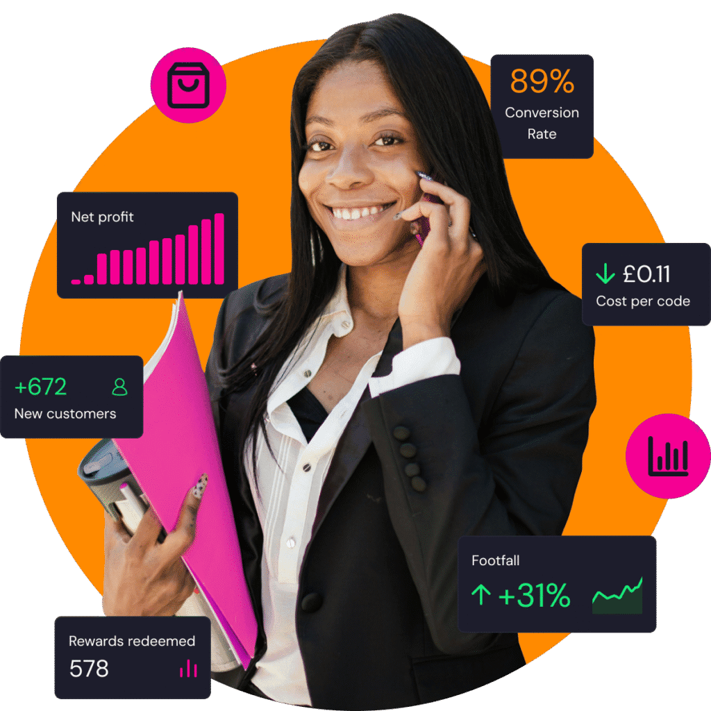 A female business owner or employee surrounded by positive statistics