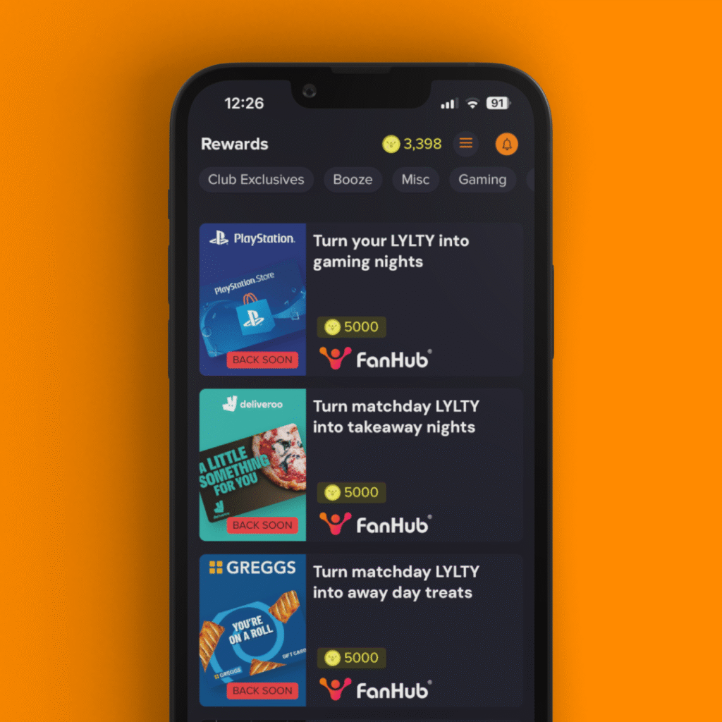 FanHub app: Rewards centre feature interface